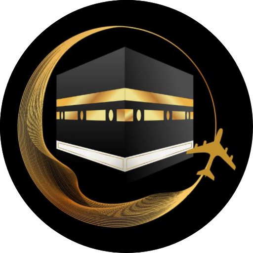 Qazi Umrah Tours & Travels emblem – the Kaaba encircled by a golden crescent with an aeroplane